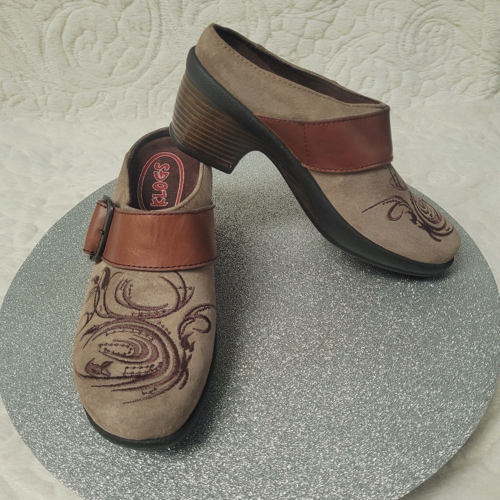 Klogs Clogs Tapestry Embroidered Suede Taupe Brown Leather Strap Size 6M